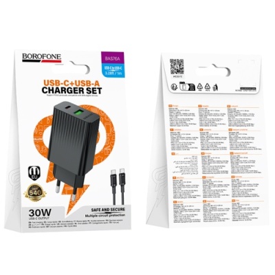 мережевий зарядний пристрій borofone bas76a 1usb/18w/qc3.0 + 1type-c/30w/pd + (type-c - type-c) (чорний) 