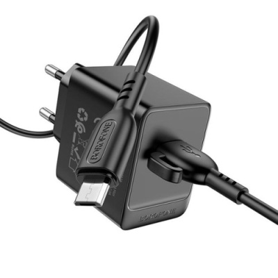 мережевий зарядний пристрій borofone bas12a 1usb/18w/qc3.0 + (usb - microusb) (чорний) 