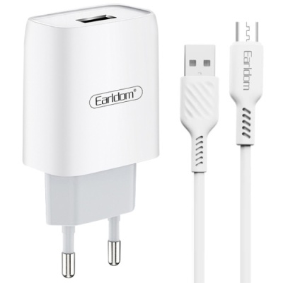 мережевий зарядний пристрій earldom es-197m 1usb/2.1a + (usb - microusb) (білий) 