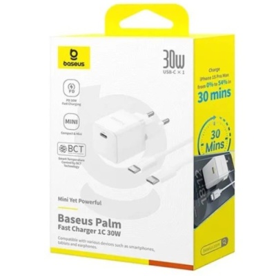 мережевий зарядний пристрій baseus palm fast charger (p10111605213-01) 1type-c/30w/pd +(type-c - type-c 60w) (білий) 