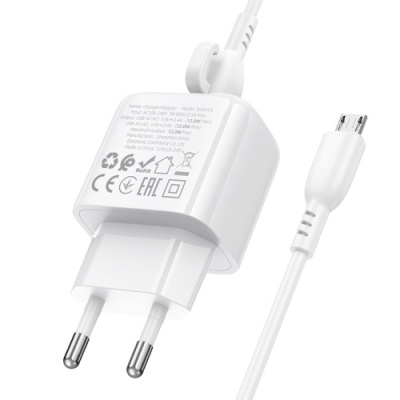 мережевий зарядний пристрій borofone bas41a 2usb/12w/2.4a + (usb - microusb) (білий) 