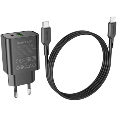 мережевий зарядний пристрій borofone ba88a 1usb/18w/qc3.0 + 1type-c/20w/pd + (type-c - type-c) (чорний) 