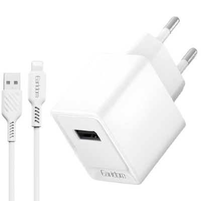 мережевий зарядний пристрій earldom es-eu43l 1usb/2.4a/12w + (usb - lightning) (білий) 