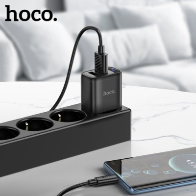 мережевий зарядний пристрій hoco c141a smart dual-port charger set 2usb/2.1a + (usb - type-c) (чорний) 