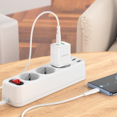 мережевий зарядний пристрій borofone bn7 1usb/18w/qc3.0 + 1type-c/20w/pd + (type-c - type-c) (бiлий) 