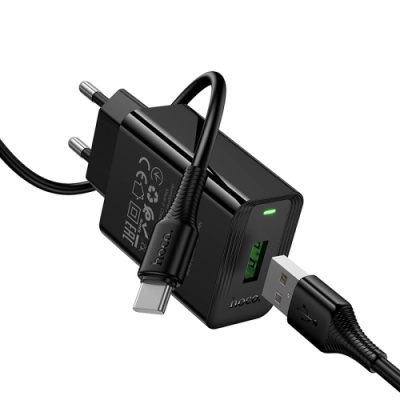 мережевий зарядний пристрій hoco cs92a 1usb/18w/qc3.0 + (usb - type-c) (чорний) 