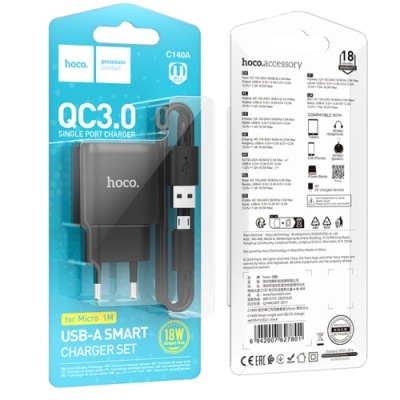 мережевий зарядний пристрій hoco c140a 1usb/18w/qc3.0 + (usb - microusb) (чорний) 