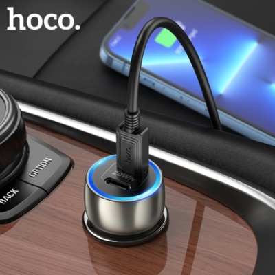 Автомобільний Зарядний Пристрій Hoco Z48 2Type-C/20W/PD + (Type-C - Lightning) (Металево-сірий)
