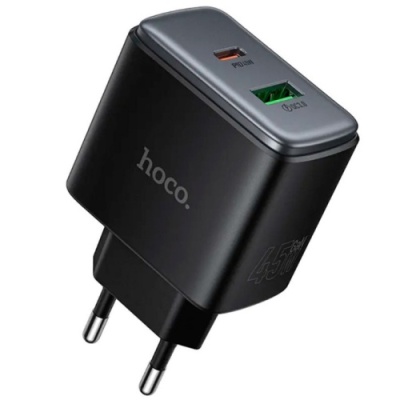 мережевий зарядний пристрій hoco c158a 1usb/18w/qc3.0 + 1type-c/45w/pd (чорний) 