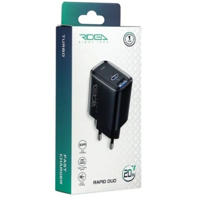 мережевий зарядний пристрій ridea rw-20220 rapid duo 1usb/1usb-c qc/pd 20w (чорний) 
