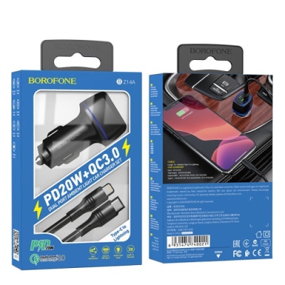 Автомобільний Зарядний Пристрій Borofone BZ14A 1USB/18W/QC3.0 + 1Type-C/20W/PD + (Type-C - Lightning) (Чорний)
