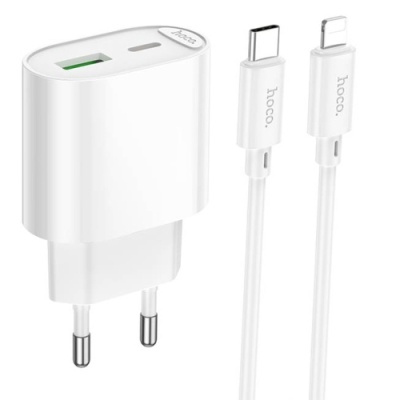 мережевий зарядний пристрій hoco c109a new 1usb/18w/qc3.0 + 1type-c/20w/pd + (type-c - lighting) (білий) 
