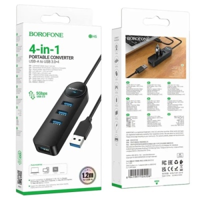 usb hub borofone dh5 (usb to usb3.0*4) 1,2м - чорний 