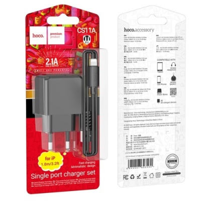 мережевий зарядний пристрій hoco cs11a 1usb/2.1a + (usb - lightning) (чорний) 