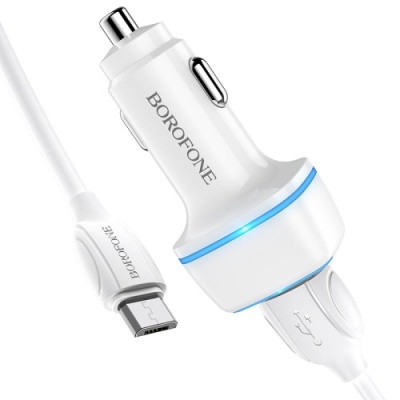 Автомобільний Зарядний Пристрій Borofone BZ14 2USB/2.4A + (USB - MicroUSB) (Білий)