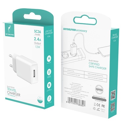 мережевий зарядний пристрій skydolphin sc36 travel charger 1usb/2.4a (білий) 