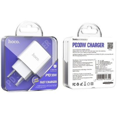 мережевий зарядний пристрій hoco c76a pro 1type-c/30w/qc3.0/pd (білий) 