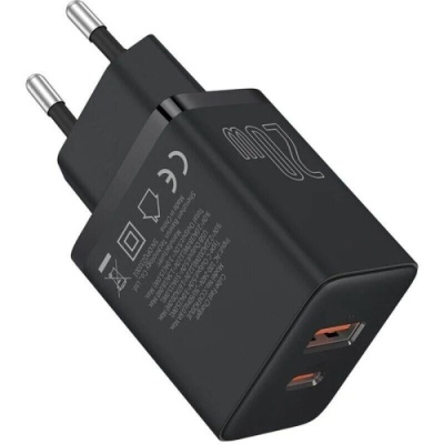мережевий зарядний пристрій baseus cube fast charger eu (p10111403113-00) 1usb/18w/qc3.0 + 1type-c/20w/pd (чорний) 