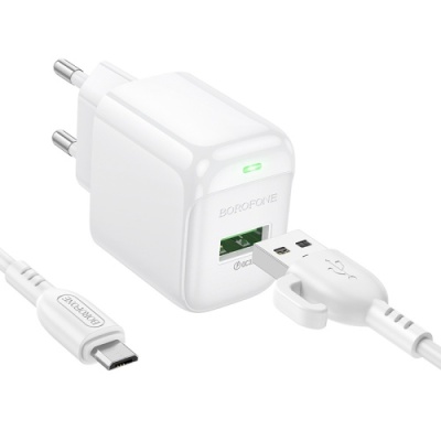 мережевий зарядний пристрій borofone bas42a 1usb/18w/qc3.0 + (usb - microusb) (білий) 