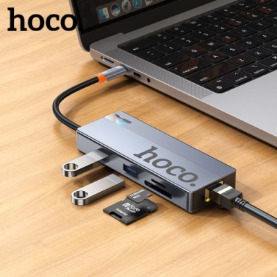 usb hub hoco hb52 type-c 8-in-1 (hdtv+rj45-100mbps+sd/tf+pd+type-c3.0+usb3.0*2) (сірий) 