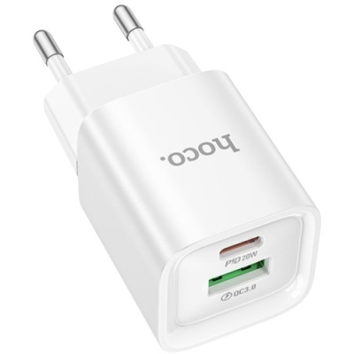 мережевий зарядний пристрій hoco c147a 1usb/18w/qc3.0 + 1type-c/20w/pd (бiлий) 