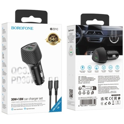 Автомобільний Зарядний Пристрій Borofone BZ31C 1Type-C/30W/PD + 1USB/18W/QC3.0 + (Type-C - Type-C) (Чорний)
