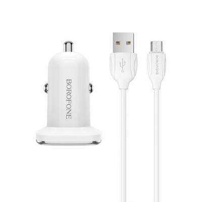 Автомобільний Зарядний Пристрій Borofone BZ12A 1USB/18W/QC3.0 + (USB - MicroUSB) (Білий)