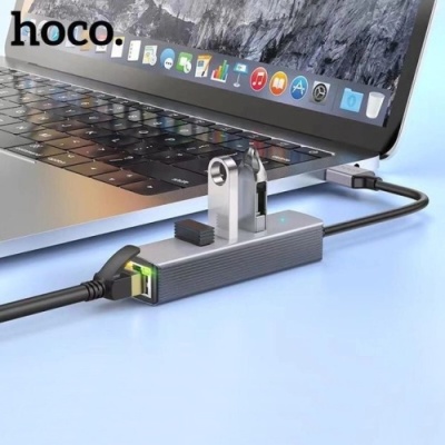 usb hub hoco hb34 easy link gigabit ethernet adapter (usb to usb3.0*3+rj45) 0,15m. metal grey 