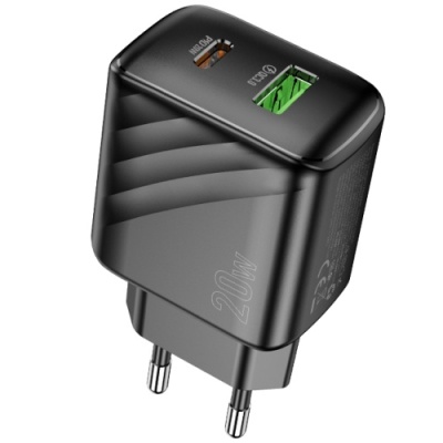 мережевий зарядний пристрій hoco cs25a 1usb/18w/qc3.0 + 1type-c/20w/pd (чорний) 