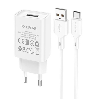 мережевий зарядний пристрій borofone ba68a 1usb/2.1a + (usb - type-c) (білий) 
