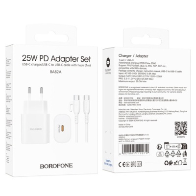 мережевий зарядний пристрій borofone ba82a power 1type-c/25w/pd + (type-c - type-c) (білий) 