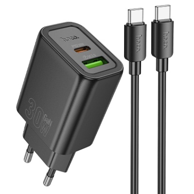 мережевий зарядний пристрій hoco n63 1usb/18w/qc3.0 + 1type-c/30w/pd + (type-c - type-c) (чорний) 
