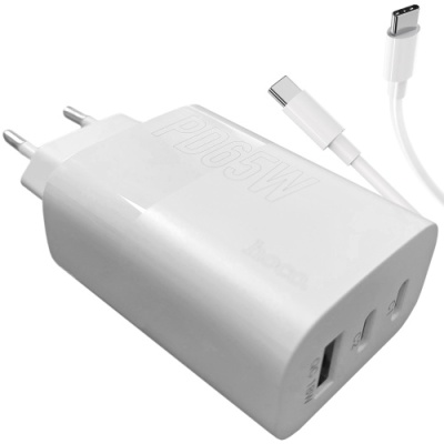 мережевий зарядний пристрій hoco dc40 1usb/18w/qc3.0 + 2type-c/65w/pd + (type-c - type-c) (білий) 