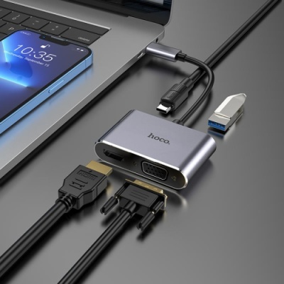 usb hub hoco hb30 type-c eco type-c multi-function converter(hdtv+vga+usb3.0+pd) metal grey 