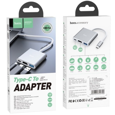 перехідник hoco hb14 type-c to usb3.0+hdmi+pd (сталевий) 