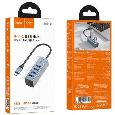 usb hub hoco hb1c 4in1 (usb to usb3.0*4) (сірий) 