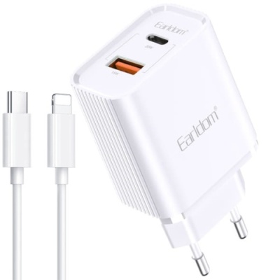 мережевий зарядний пристрій earldom es-eu37c-l 1usb/20w/qc3.0 + 1type-c/20w/pd + (type-c - lightning) (білий) 