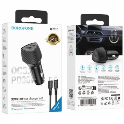 Автомобільний Зарядний Пристрій Borofone BZ31C 1Type-C/30W/PD + 1USB/18W/QC3.0 + (Type-C - Lightning) (Чорний)