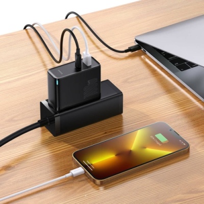 мережевий зарядний пристрій baseus gan5 pro fast charger (ccgp090201) 1usb/30w/qc4.0 + 1type-c/65w/pd3.0 + (type-c - type-c)5a (чорний) 