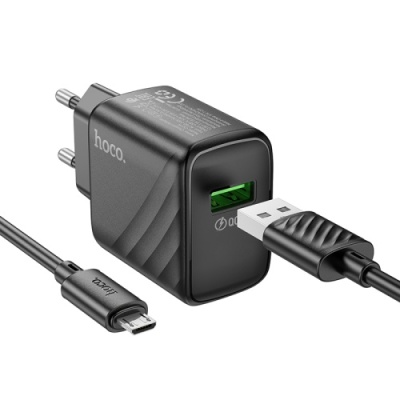 мережевий зарядний пристрій hoco cs21a 1usb/18w/qc3.0 + (usb - microusb) (чорний) 