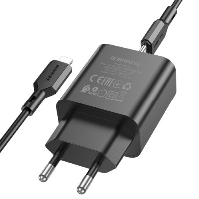 мережевий зарядний пристрій borofone ba71a power 1type-c/20w/pd + (type-c - lightning) (чорний) 