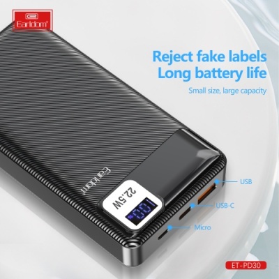 додаткова батарея power bank earldom et-pd30 20000 mah pd20w+qc3.0 22.5w (чорний) 