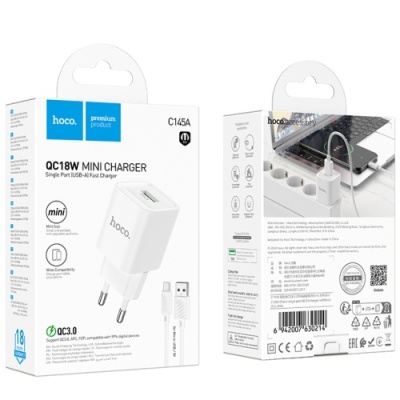 мережевий зарядний пристрій hoco c145a 1usb/18w/qc3.0 + (usb - microusb) (білий) 