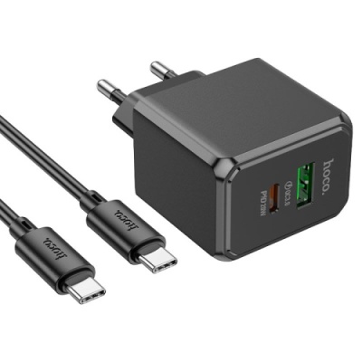 мережевий зарядний пристрій hoco cs14a 1usb/18w/qc3.0 + 1type-c/20w/pd + (type-c - type-c) (чорний) 
