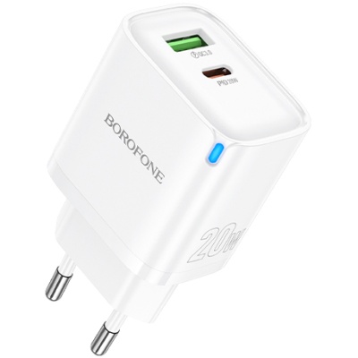 мережевий зарядний пристрій borofone ba83a 1usb/18w/qc3.0 + 1type-c/20w/pd (білий) 