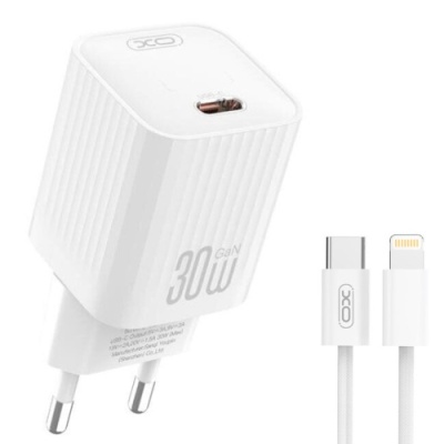 мережевий зарядний пристрій xo l148 1type-c/30w/pd + (type-c - lightning) (бiлий) 