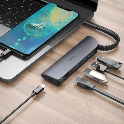 usb hub hoco hb13 (type-c to usb3.0*3+hdmi+pd) (сірий) 