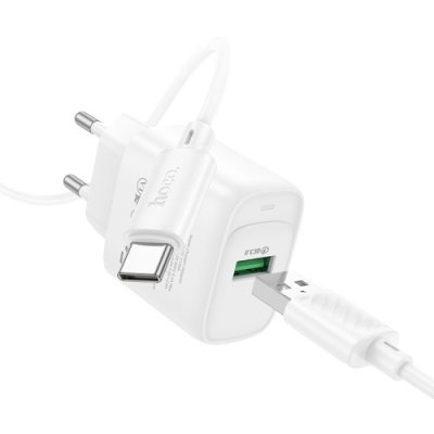 мережевий зарядний пристрій hoco c140a 1usb/18w/qc3.0 + (usb - type-c) (білий) 
