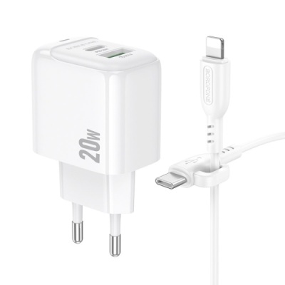 мережевий зарядний пристрій borofone bas44a 1usb/18w/qc3.0 + 1type-c/20w/pd + (type-c - lightning) (білий) 