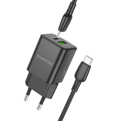 мережевий зарядний пристрій borofone bn14 1usb/30w/qc3.0 + 1type-c/30w/pd + (type-c - type-c) (чорний) 